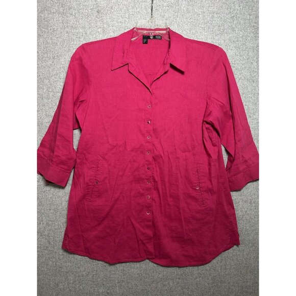 Eileen Fisher PL Petite Large Womens Top 3/4 Sleeve Button Linen Blend Pink - Picture 1 of 16